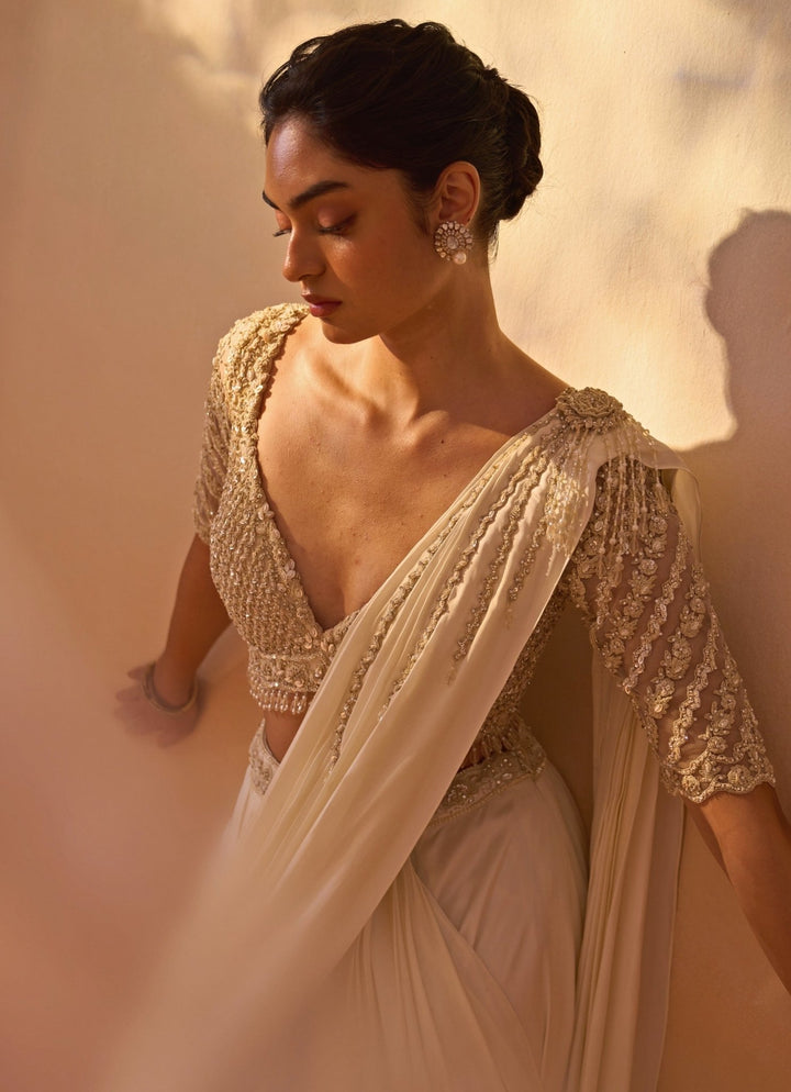 Nitika Gujral Ivory Satin Pre Draped Saree SetFabilicious Fashion