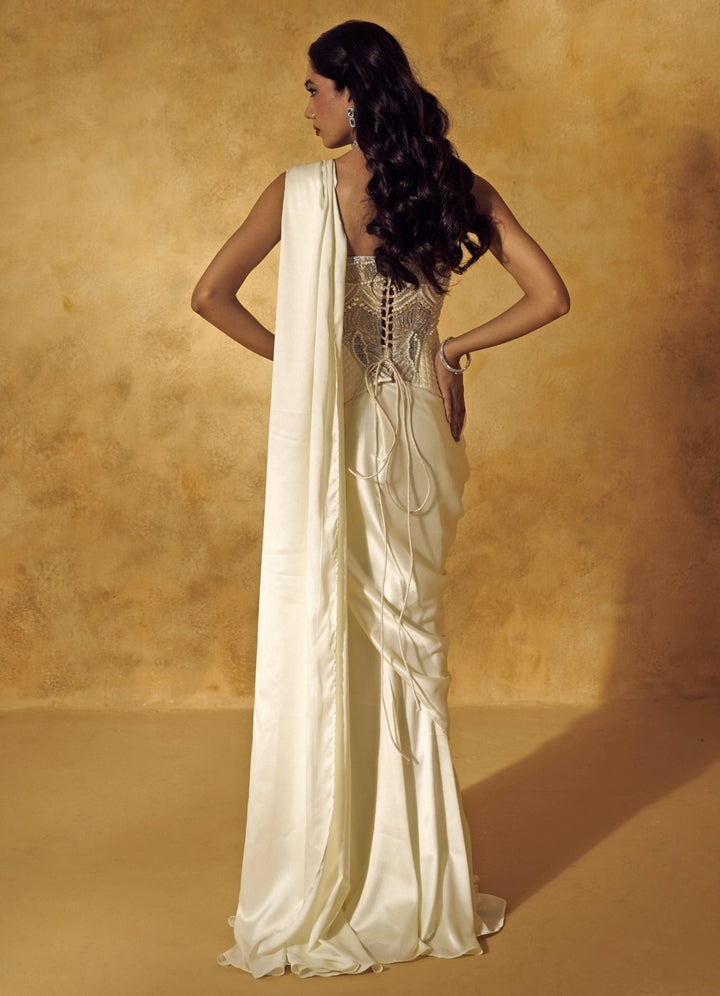 Rashika Sharma Ivory Satin Pre - Draped Saree With CorsetFabilicious Fashion