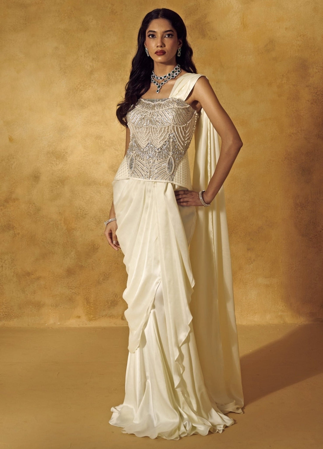 Rashika Sharma Ivory Satin Pre - Draped Saree With CorsetFabilicious Fashion