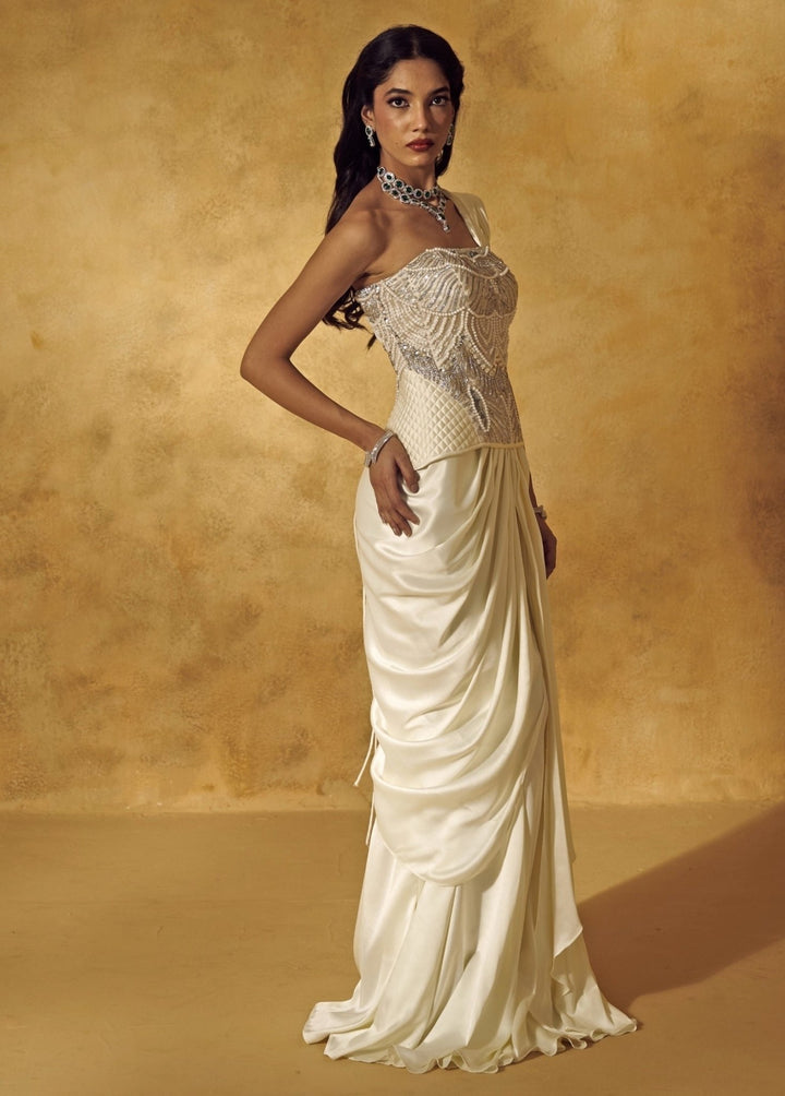 Rashika Sharma Ivory Satin Pre - Draped Saree With CorsetFabilicious Fashion