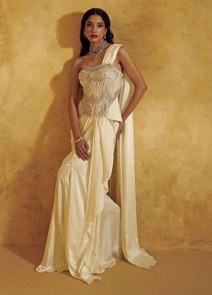 Rashika Sharma Ivory Satin Pre - Draped Saree With CorsetFabilicious Fashion