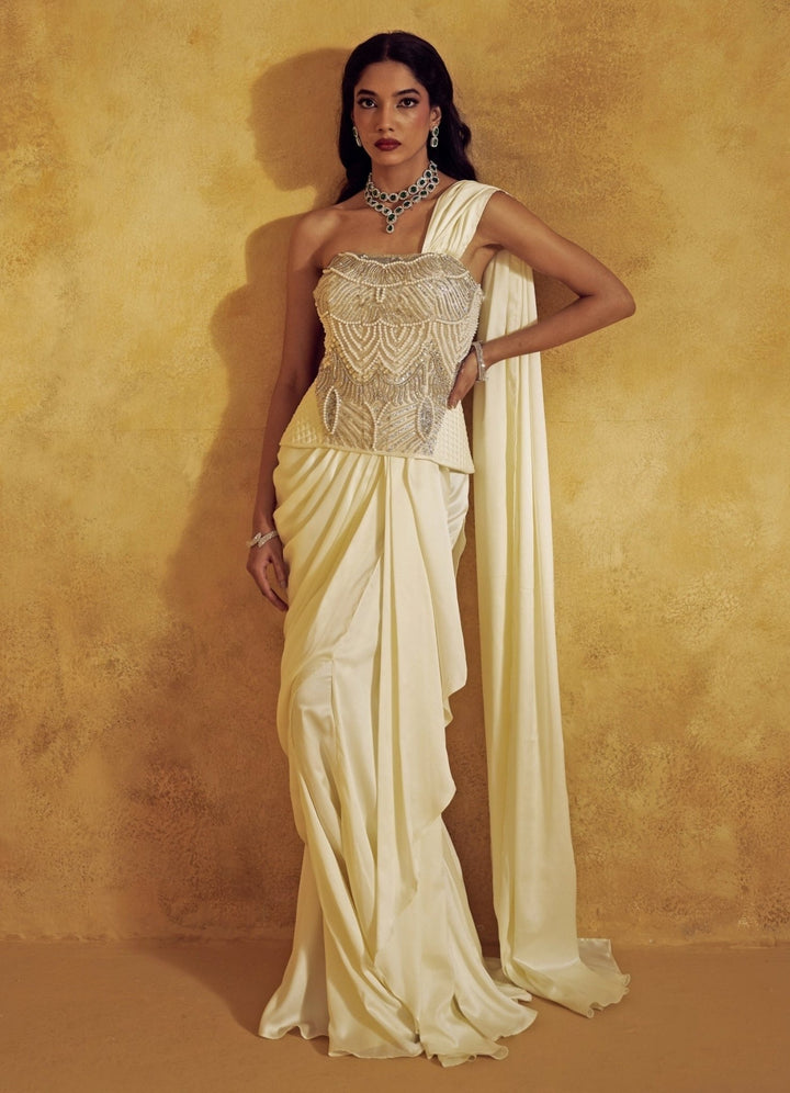 Rashika Sharma Ivory Satin Pre - Draped Saree With CorsetFabilicious Fashion