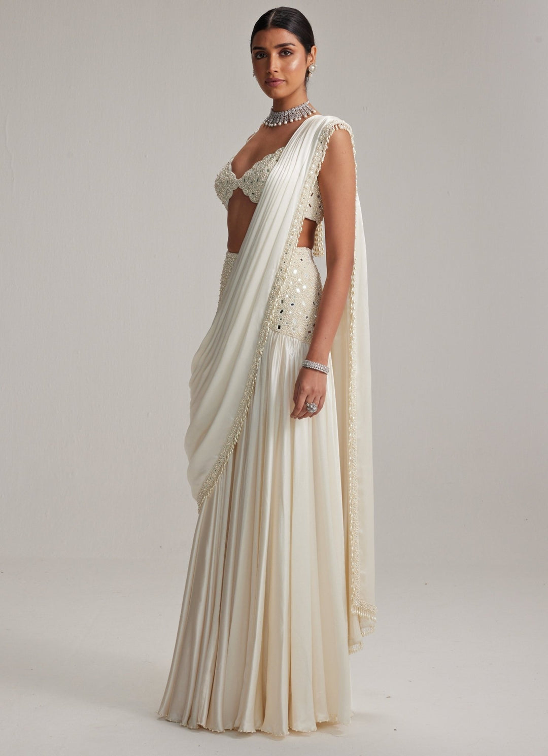 Ivory Satin Pre Draped Saree With Pearl Blouse Vvani by Vani Vats - Fabilicious Fashion