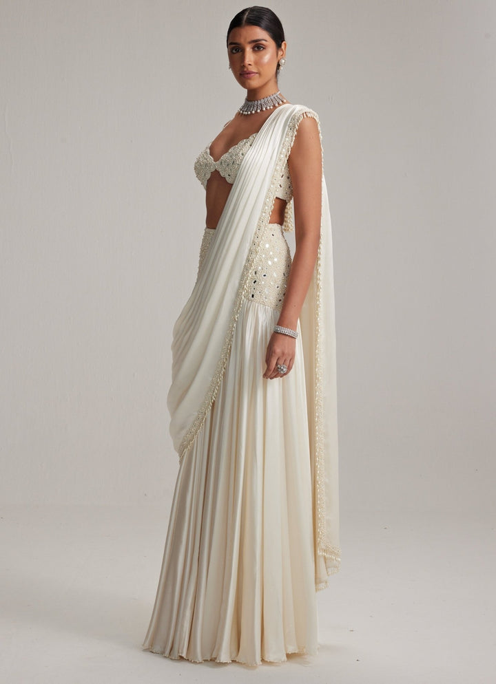 Ivory Satin Pre Draped Saree With Pearl Blouse Vvani by Vani Vats - Fabilicious Fashion