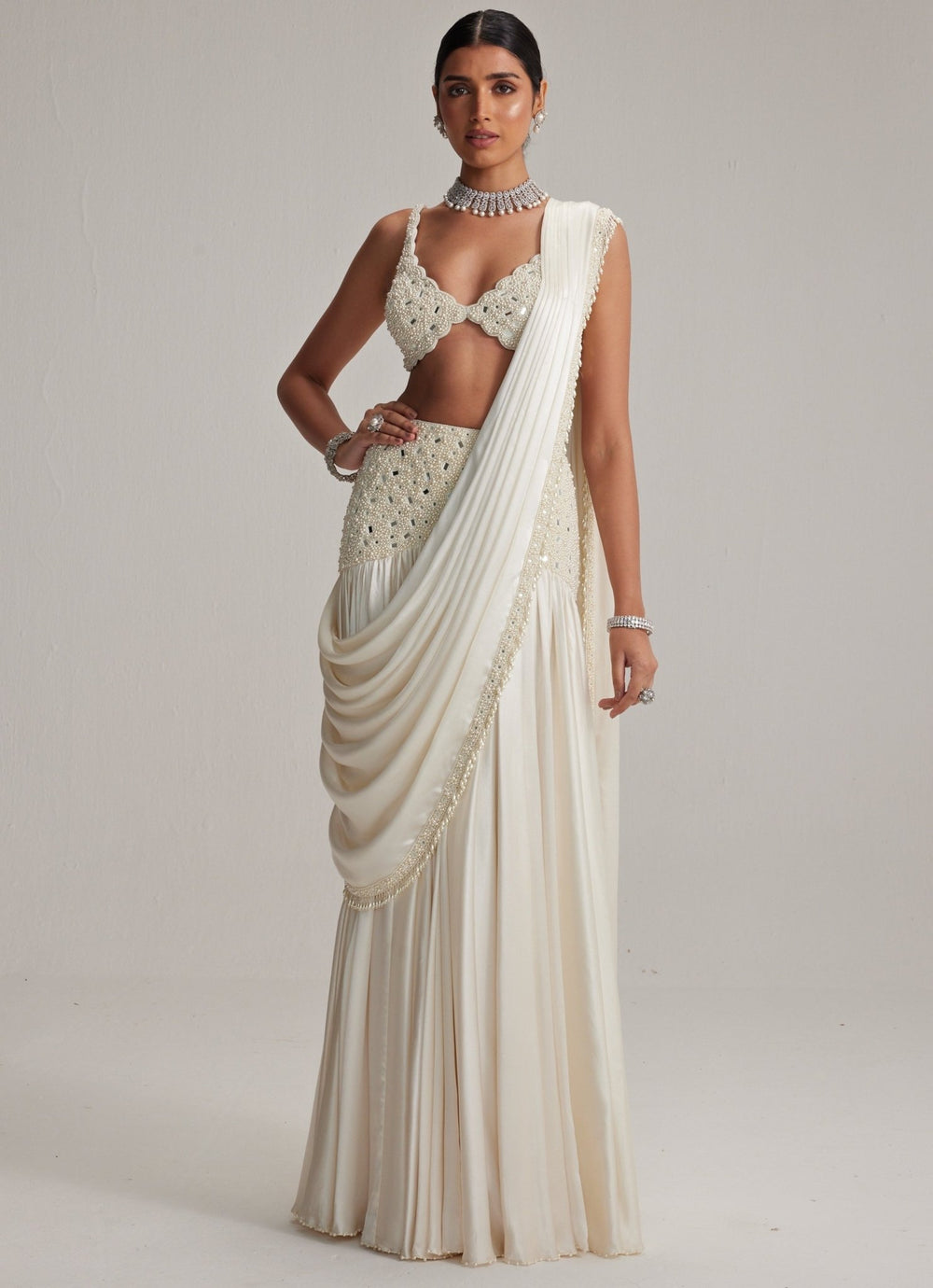 Ivory Satin Pre Draped Saree With Pearl Blouse Vvani by Vani Vats - Fabilicious Fashion