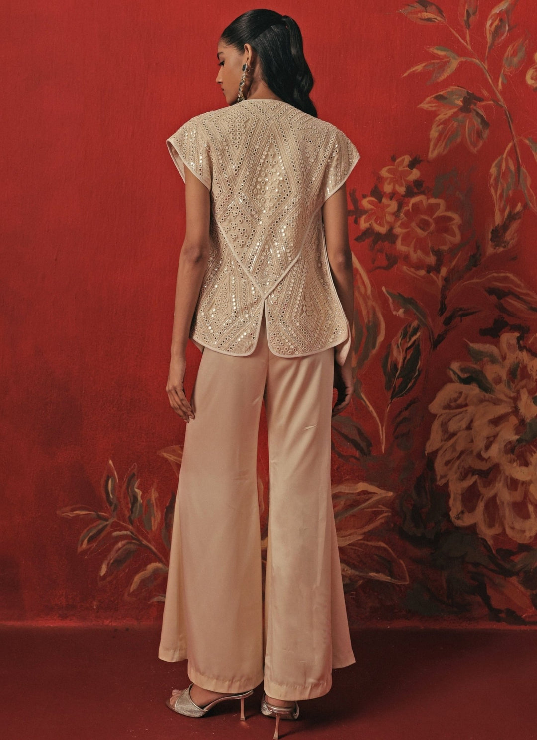 Twenty Nine Ivory Satin Silk Flared Pants Set With JacketFabilicious Fashion