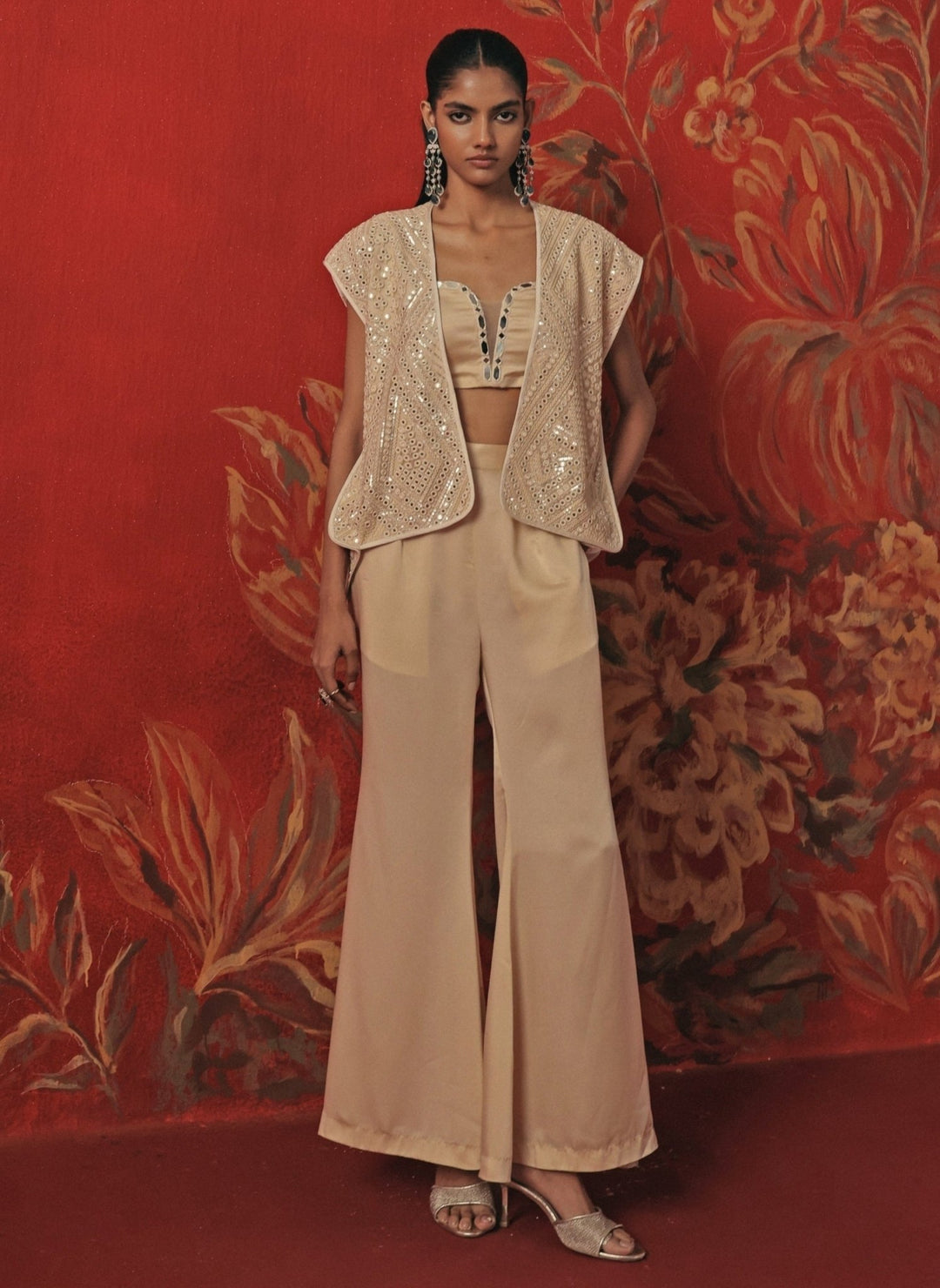Twenty Nine Ivory Satin Silk Flared Pants Set With JacketFabilicious Fashion