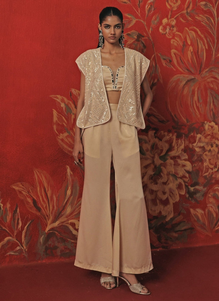 Twenty Nine Ivory Satin Silk Flared Pants Set With JacketFabilicious Fashion