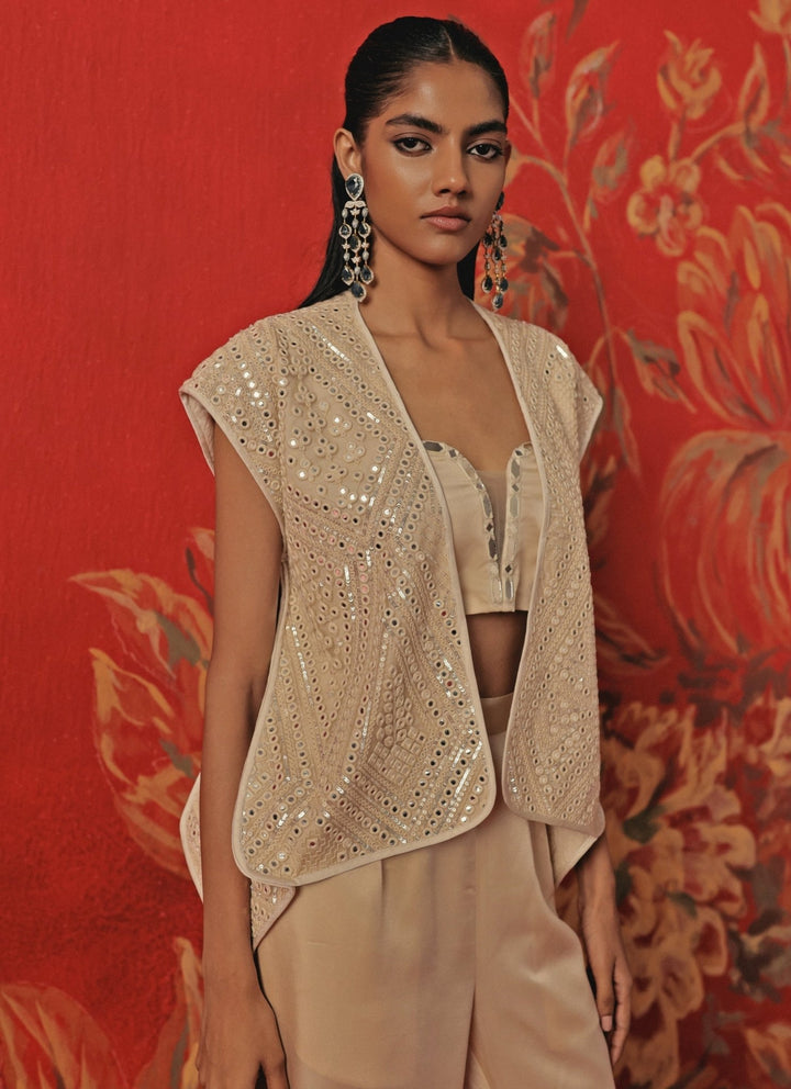 Twenty Nine Ivory Satin Silk Flared Pants Set With JacketFabilicious Fashion