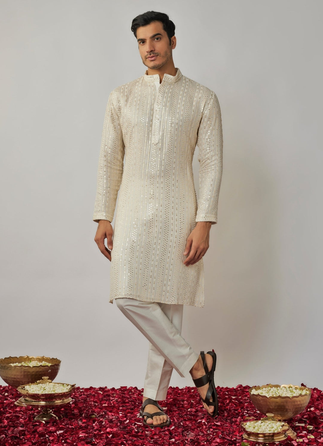 Ivory Sequin Embroidered Kurta and Pant Set Renee Label - Men - Fabilicious Fashion