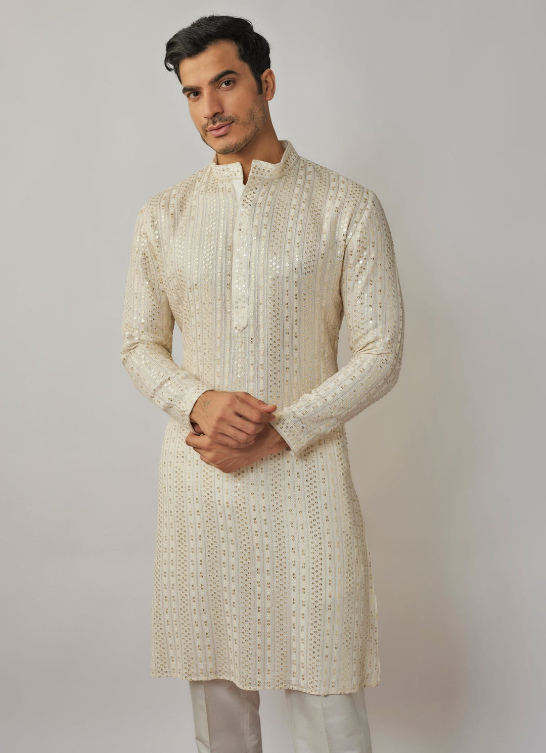 Ivory Sequin Embroidered Kurta and Pant Set Renee Label - Men - Fabilicious Fashion
