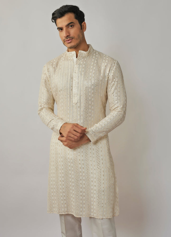 Ivory Sequin Embroidered Kurta and Pant Set Renee Label - Men - Fabilicious Fashion
