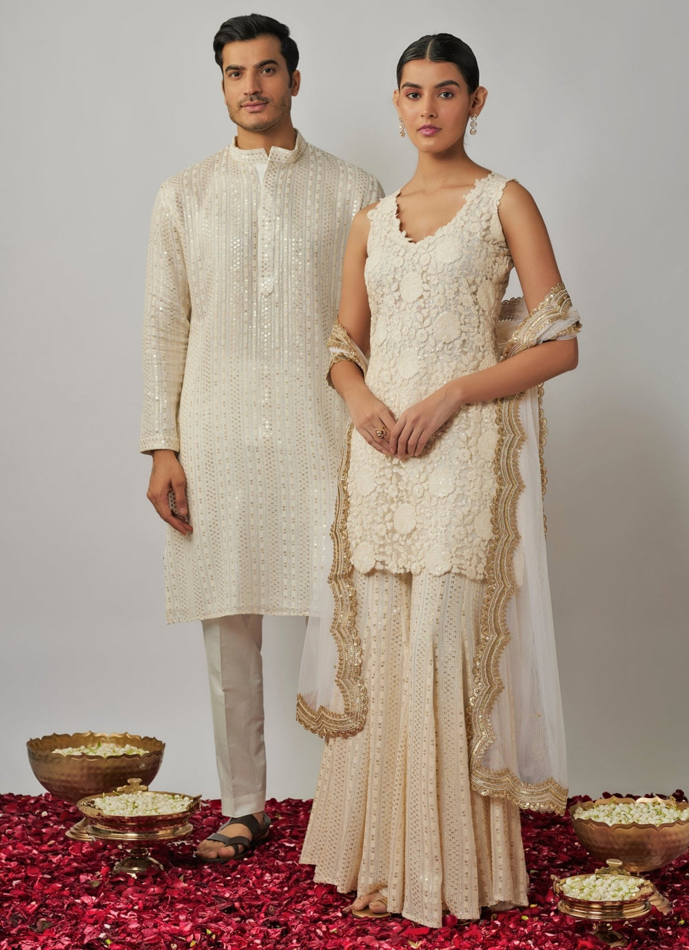 Ivory Sequin Embroidered Kurta and Pant Set Renee Label - Men - Fabilicious Fashion