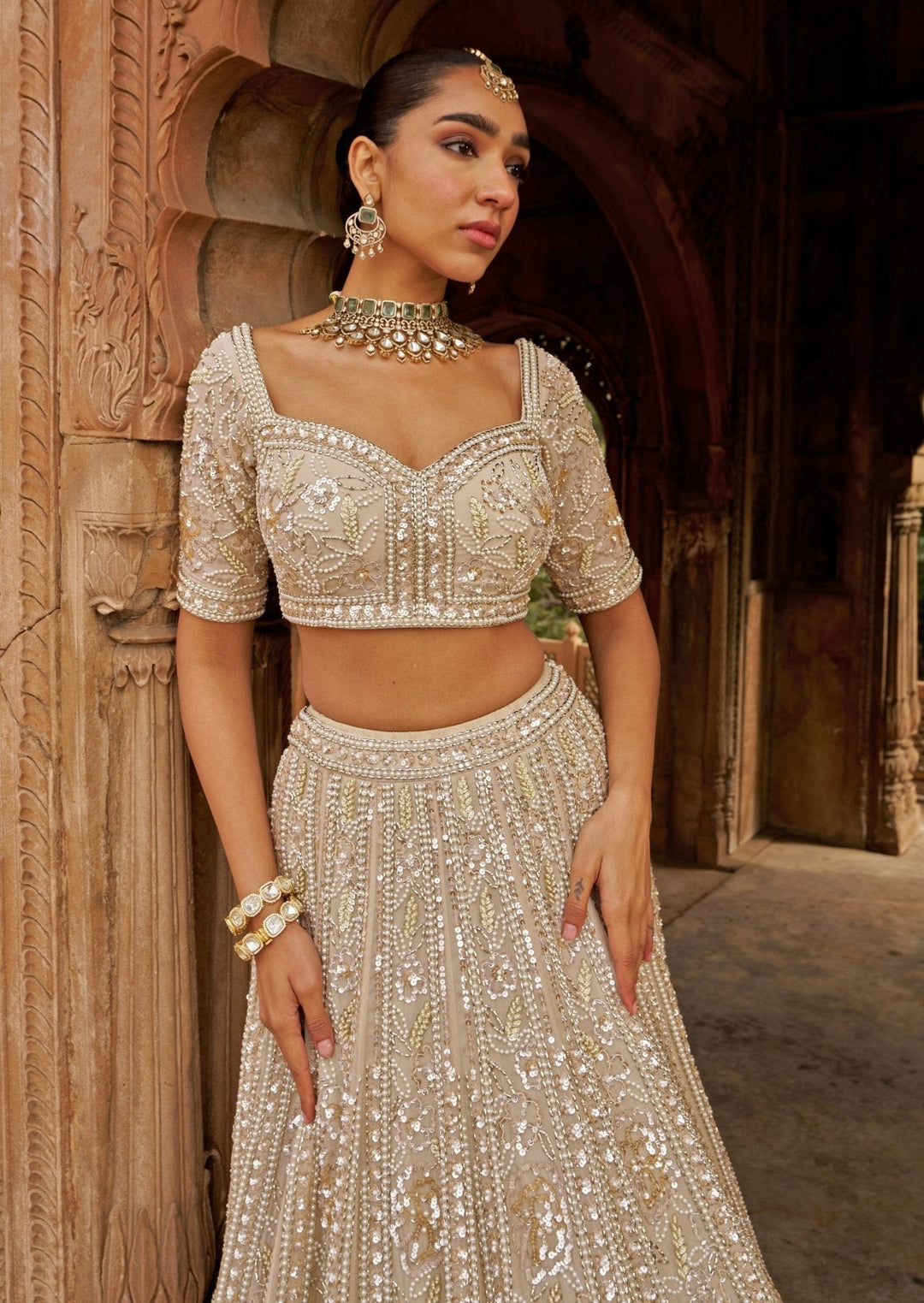 Ivory Sequin Embroidered Organza Lehenga Set Nidhika Shekhar - Fabilicious Fashion