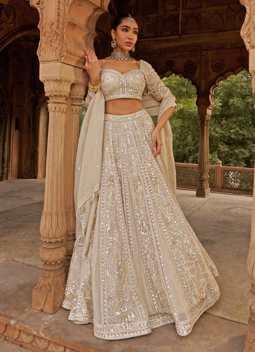 Ivory Sequin Embroidered Organza Lehenga Set Nidhika Shekhar - Fabilicious Fashion