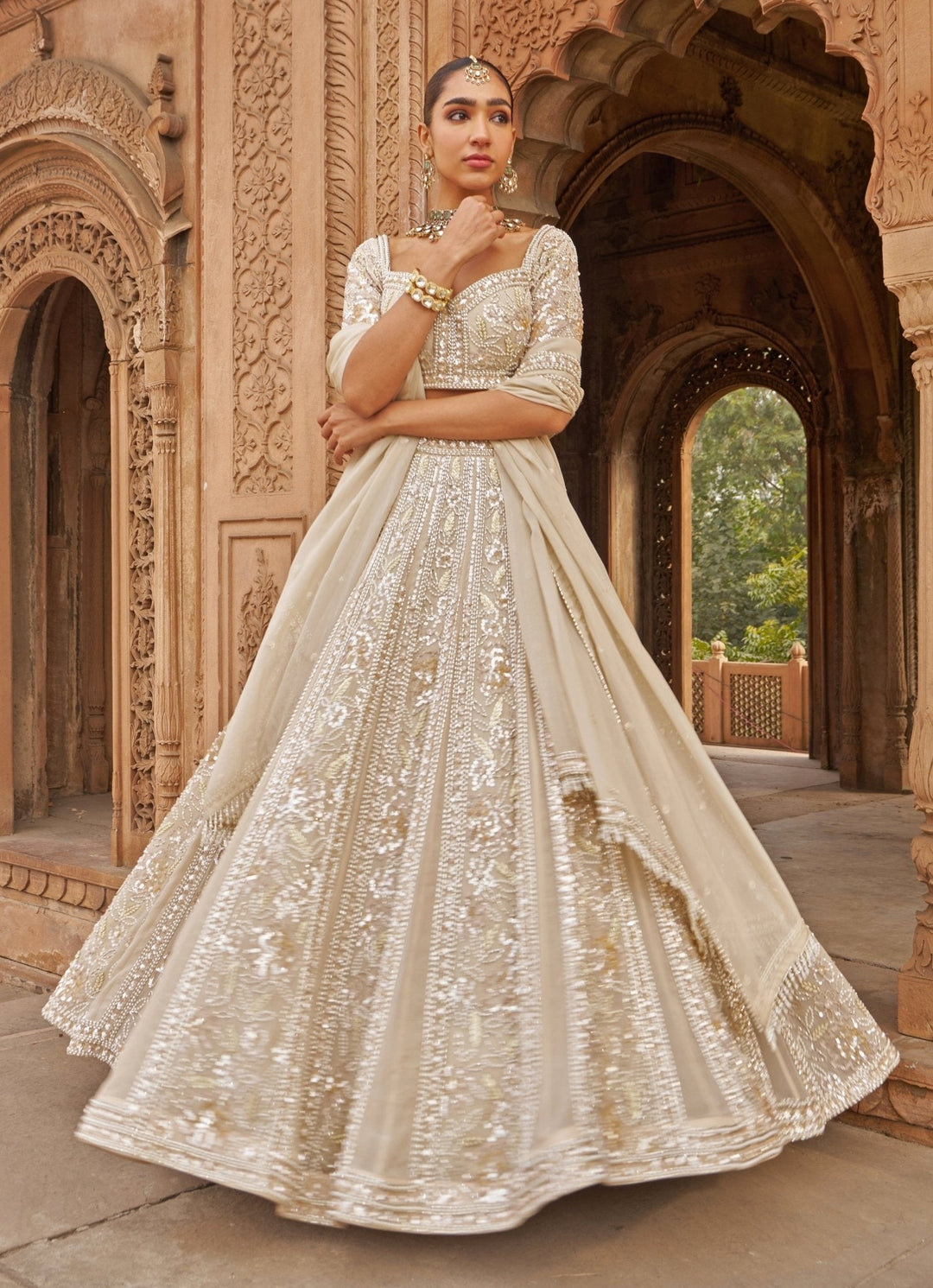 Ivory Sequin Embroidered Organza Lehenga Set Nidhika Shekhar - Fabilicious Fashion