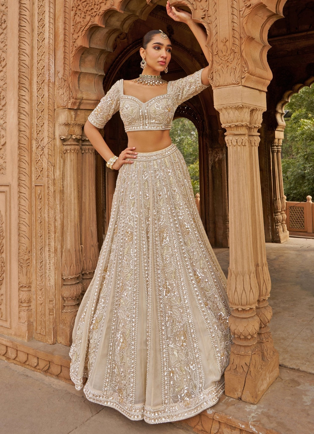 Ivory Sequin Embroidered Organza Lehenga Set Nidhika Shekhar - Fabilicious Fashion