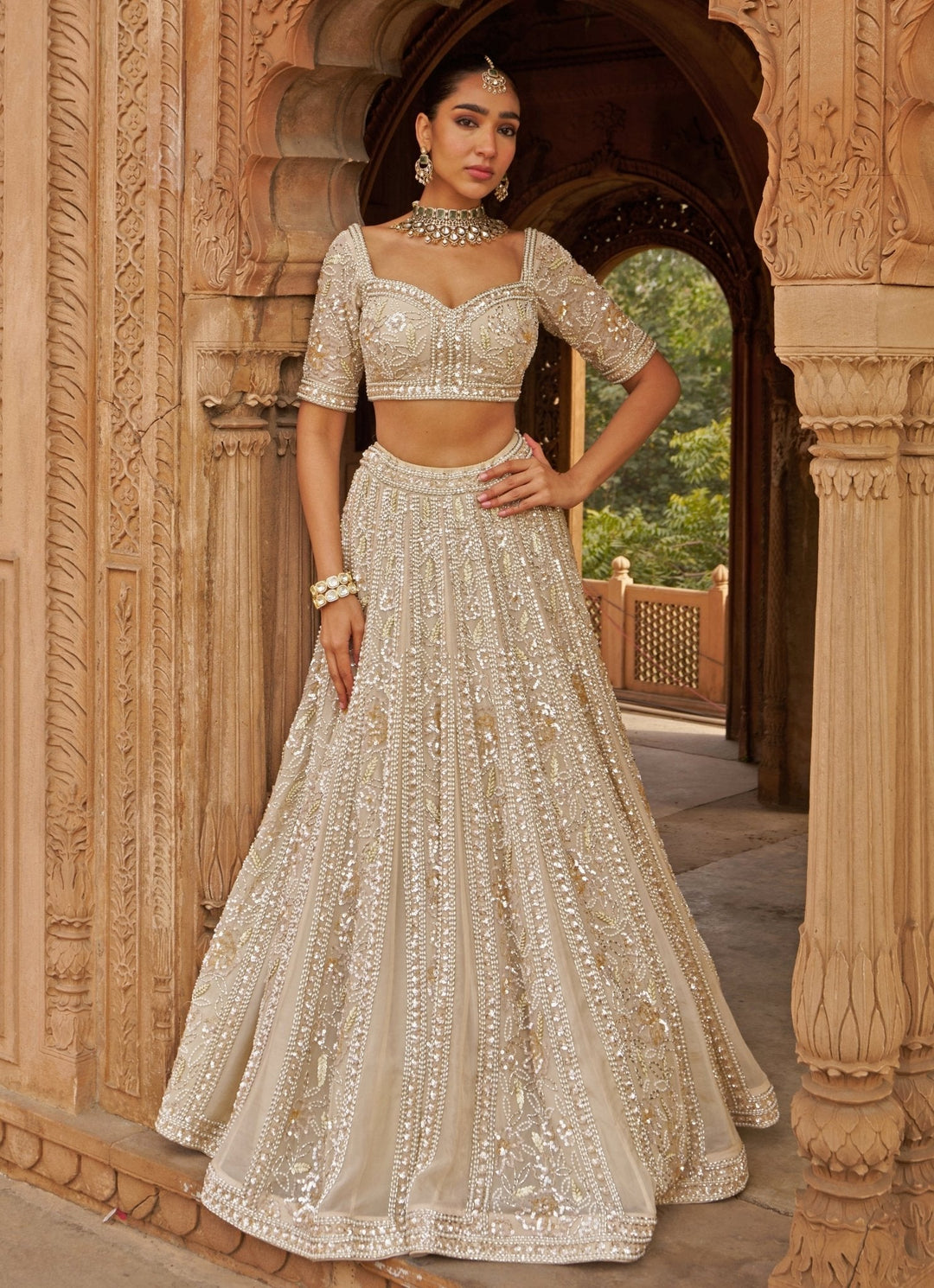 Ivory Sequin Embroidered Organza Lehenga Set Nidhika Shekhar - Fabilicious Fashion