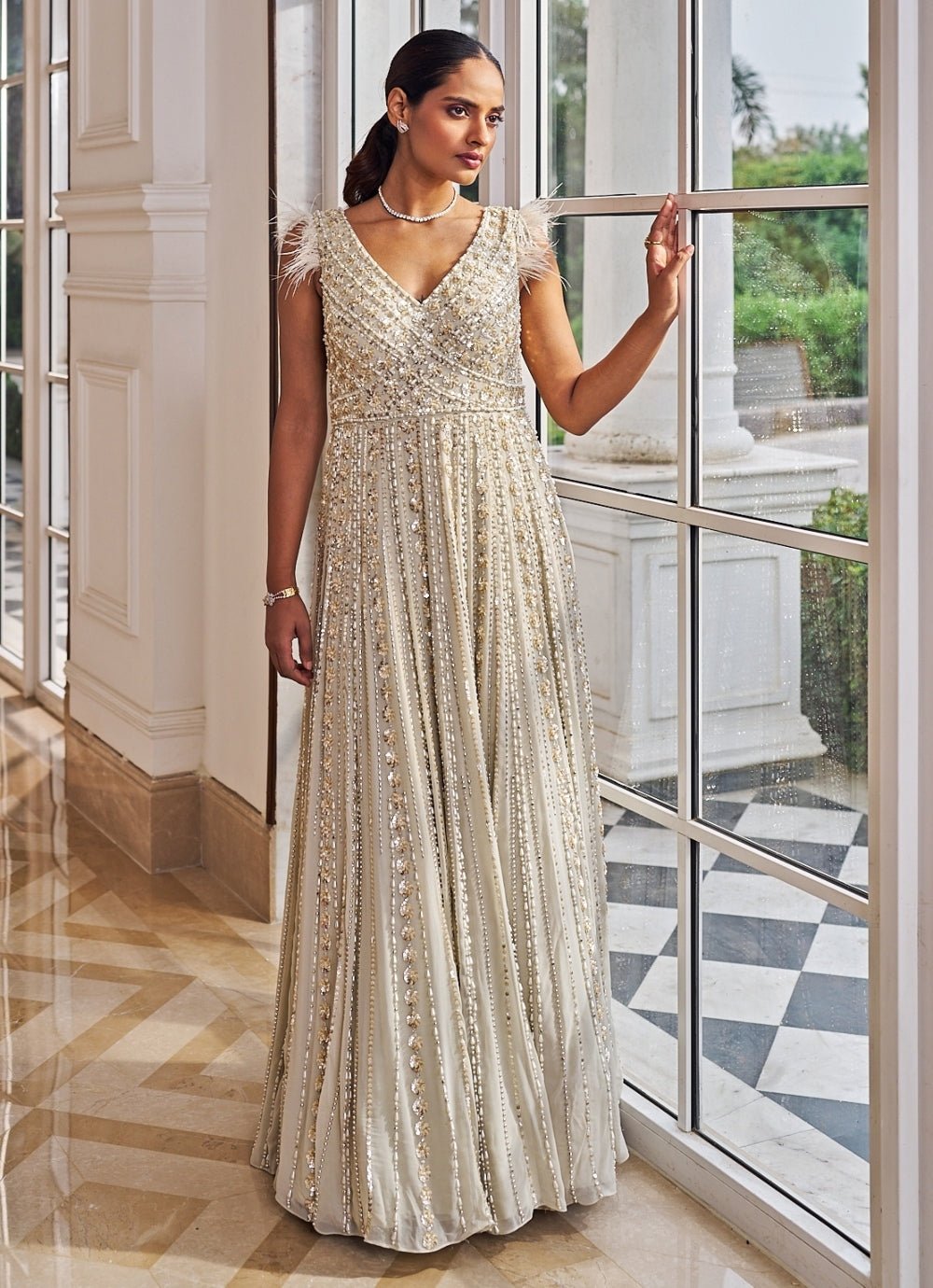 Ivory sequinned georgette indo-western gown for the pre-wedding party — bride-to-be by Nidhika Shekhar