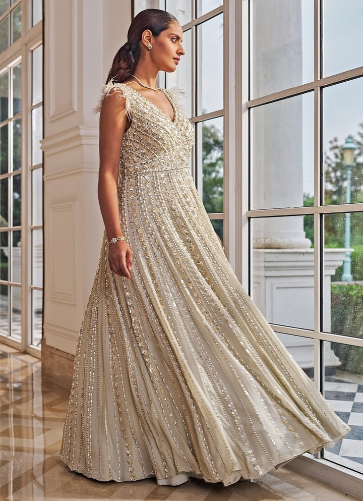 Ivory Sequinned Georgette Gown Nidhika Shekar - Fabilicious Fashion