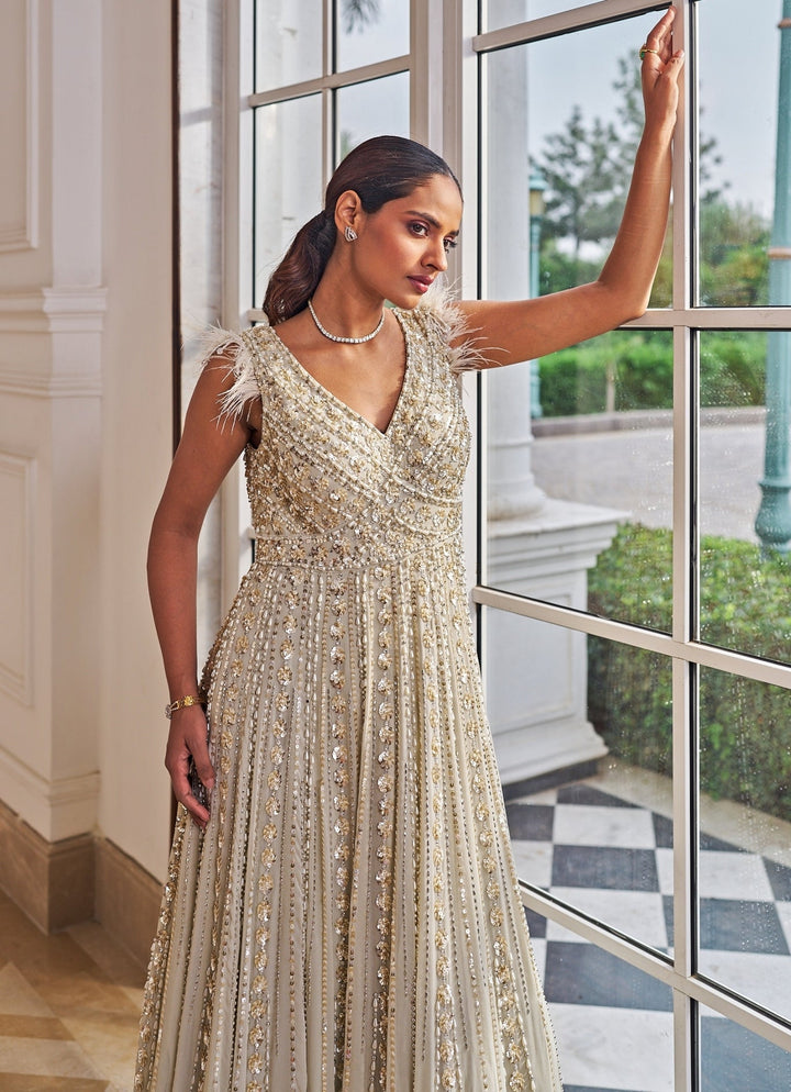 Ivory Sequinned Georgette Gown Nidhika Shekar - Fabilicious Fashion