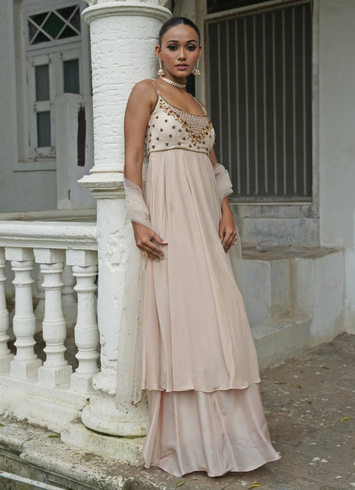 Ivory Silk Anarkali Set With Sharara Enamour by Radha - Fabilicious Fashion