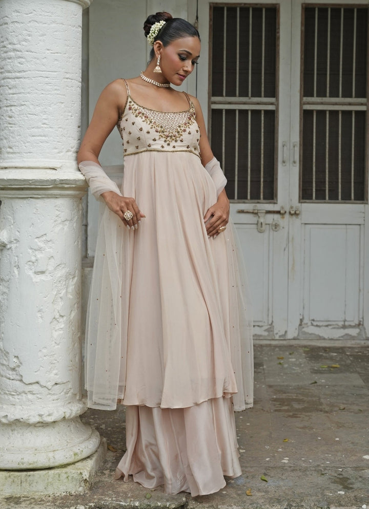 Ivory Silk Anarkali Set With Sharara Enamour by Radha - Fabilicious Fashion