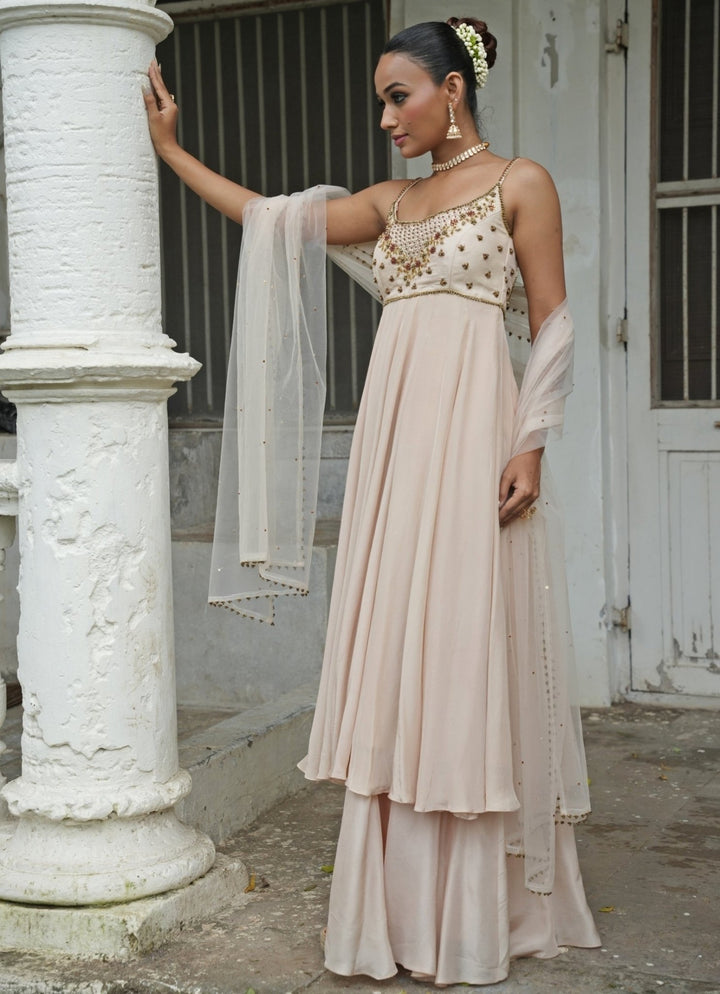 Ivory Silk Anarkali Set With Sharara Enamour by Radha - Fabilicious Fashion