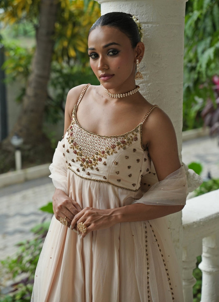 Ivory Silk Anarkali Set With Sharara Enamour by Radha - Fabilicious Fashion