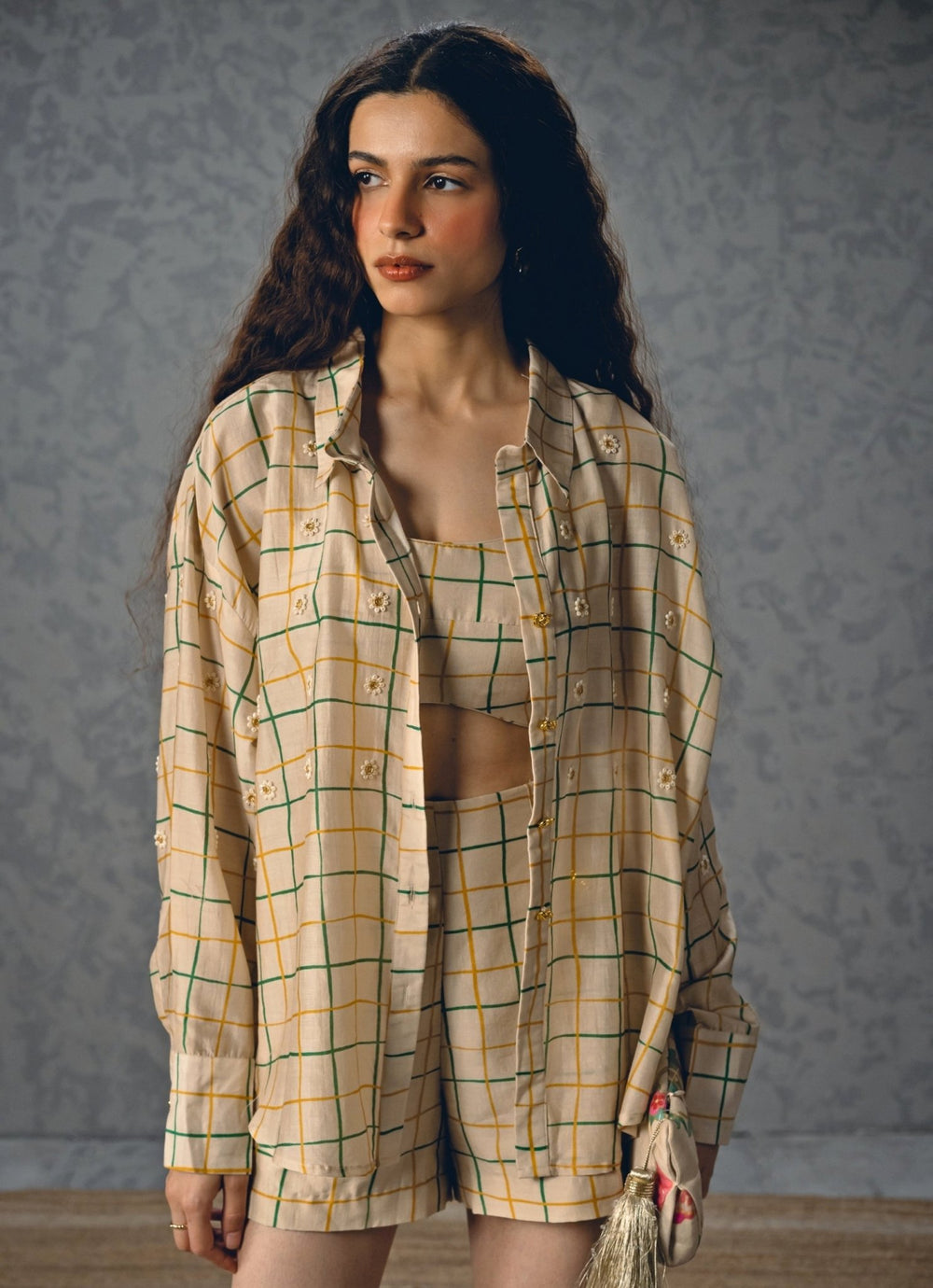 Ivory Silk Checked Shorts Co Ord Set Paulmi and Harsh X Ease - Fabilicious Fashion
