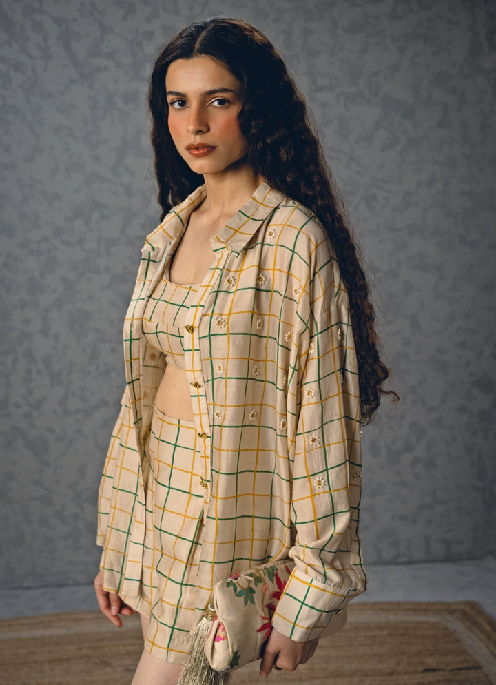 Ivory Silk Checked Shorts Co Ord Set Paulmi and Harsh X Ease - Fabilicious Fashion