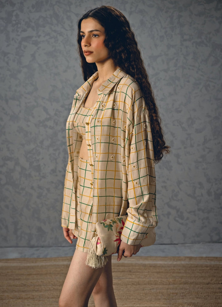 Ivory Silk Checked Shorts Co Ord Set Paulmi and Harsh X Ease - Fabilicious Fashion