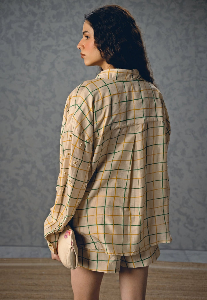 Ivory Silk Checked Shorts Co Ord Set Paulmi and Harsh X Ease - Fabilicious Fashion
