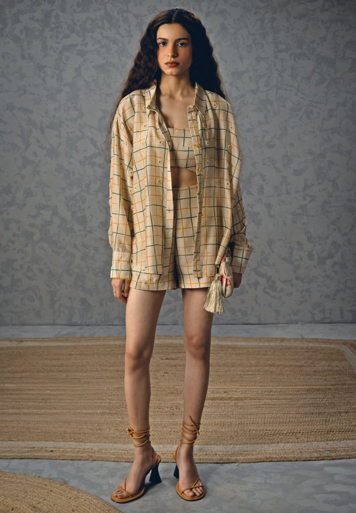Ivory Silk Checked Shorts Co Ord Set Paulmi and Harsh X Ease - Fabilicious Fashion