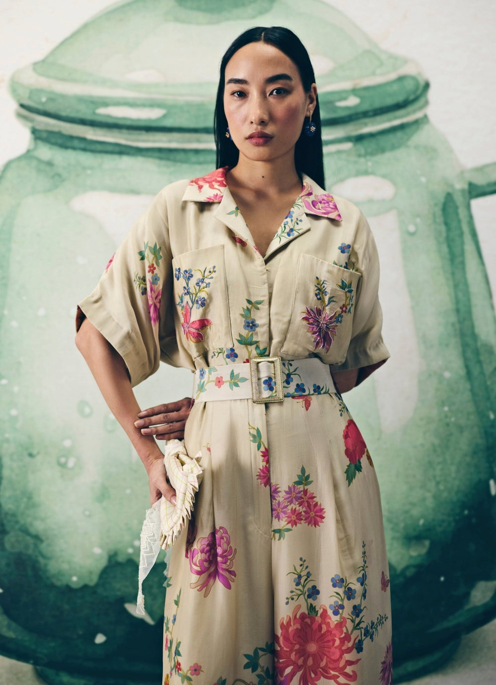 Ivory Silk Collared Jumpsuit Paulmi and Harsh X Ease - Fabilicious Fashion