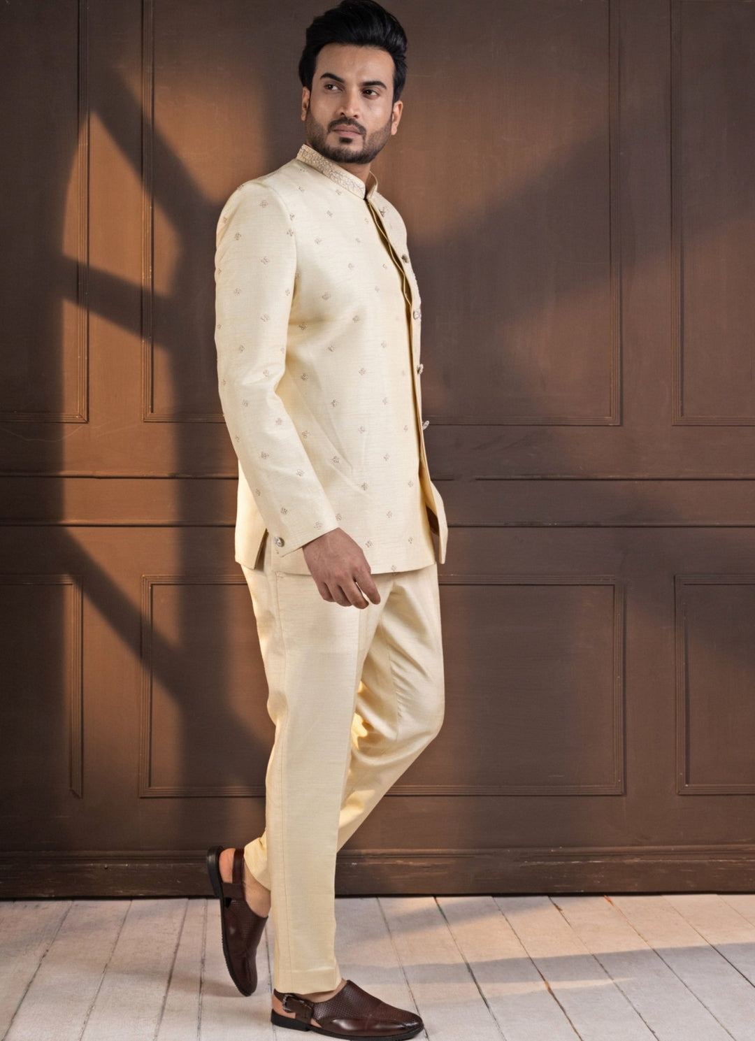 Ivory Silk Embroidered Bandhgala Smriti - Fabilicious Fashion