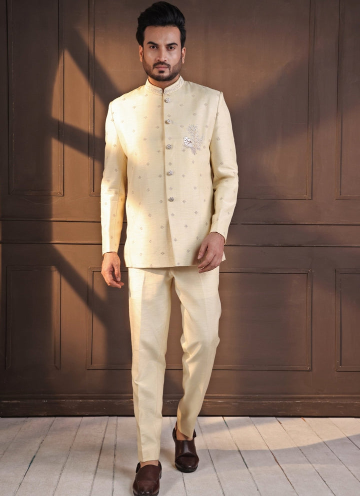 Ivory Silk Embroidered Bandhgala Smriti - Fabilicious Fashion