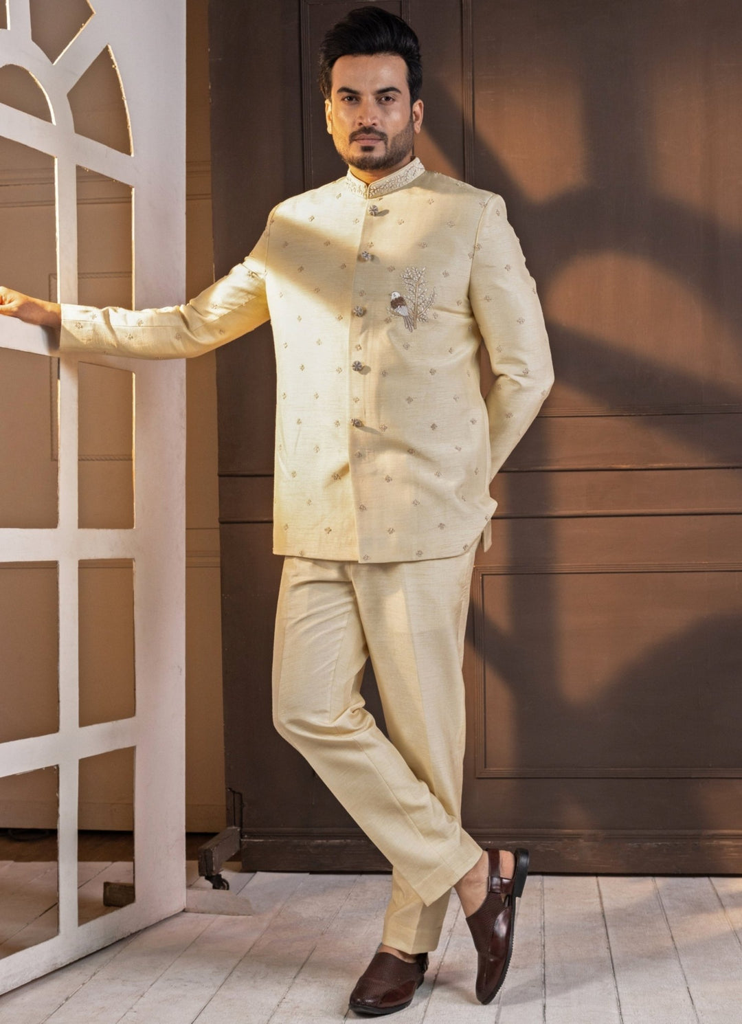 Ivory Silk Embroidered Bandhgala Smriti - Fabilicious Fashion
