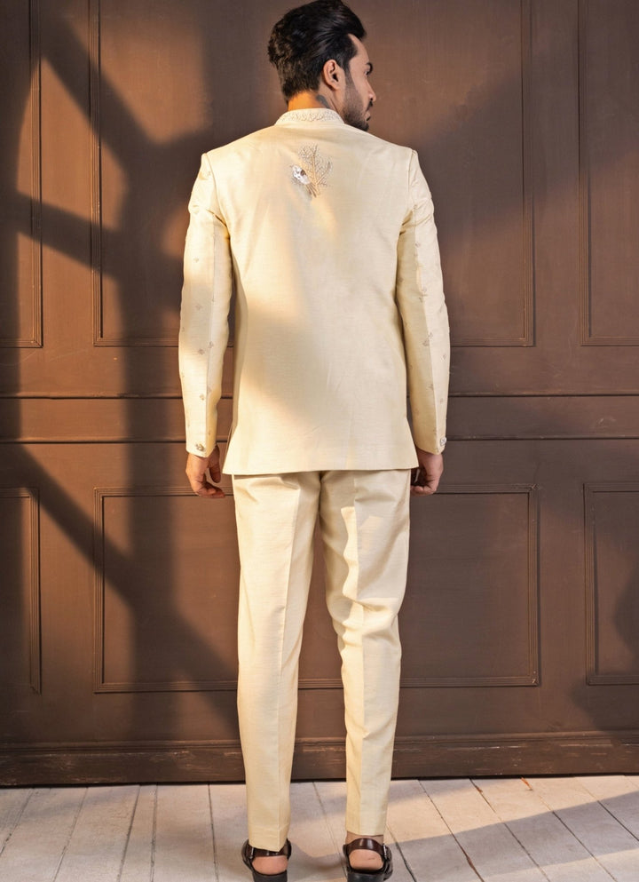 Ivory Silk Embroidered Bandhgala Smriti - Fabilicious Fashion