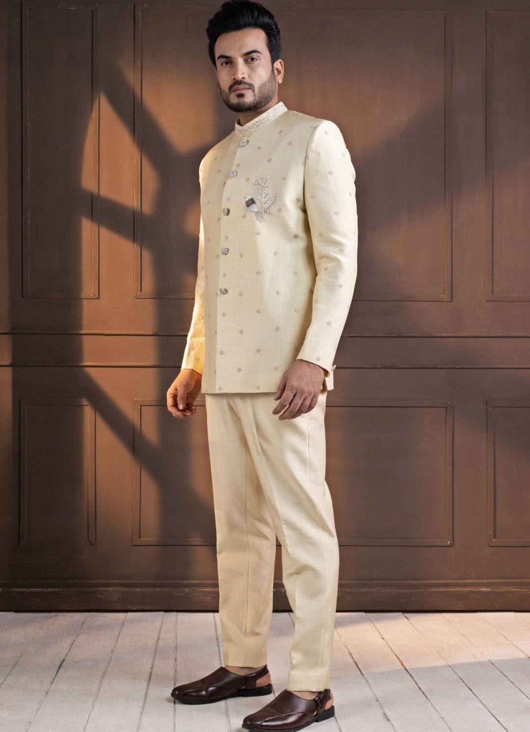Ivory Silk Embroidered Bandhgala Smriti - Fabilicious Fashion