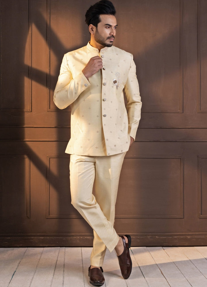 Ivory Silk Embroidered Bandhgala Smriti - Fabilicious Fashion