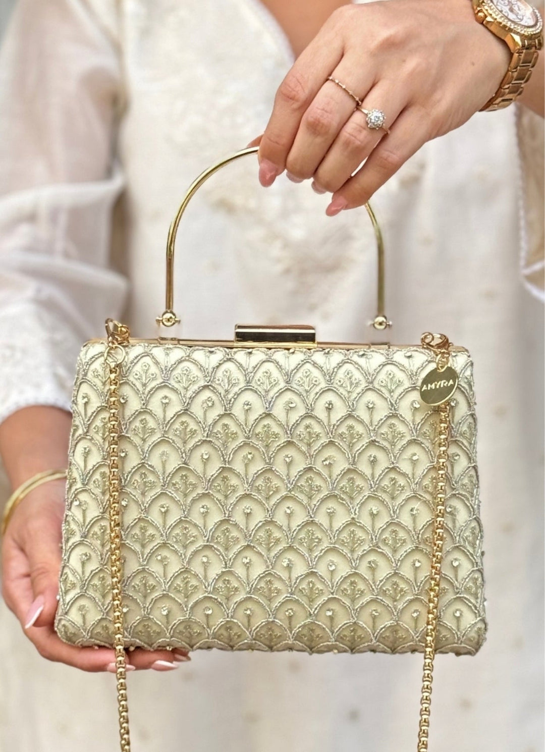 Ivory Silk Embroidered Clutch Amyra - Fabilicious Fashion