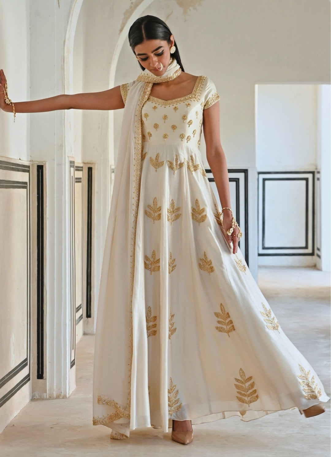 Ivory Silk Floral Embroidered Anarkali With Dupatta Ease - Fabilicious Fashion