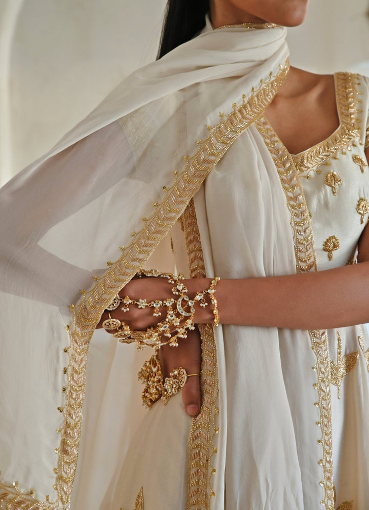 Ivory Silk Floral Embroidered Anarkali With Dupatta Ease - Fabilicious Fashion