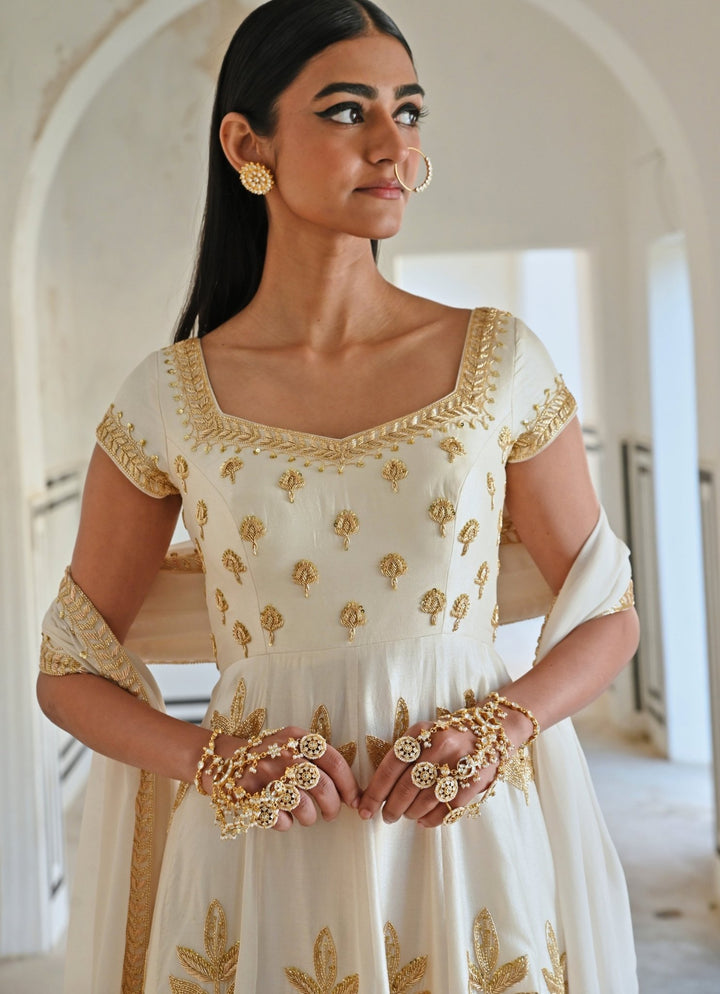 Ivory Silk Floral Embroidered Anarkali With Dupatta Ease - Fabilicious Fashion