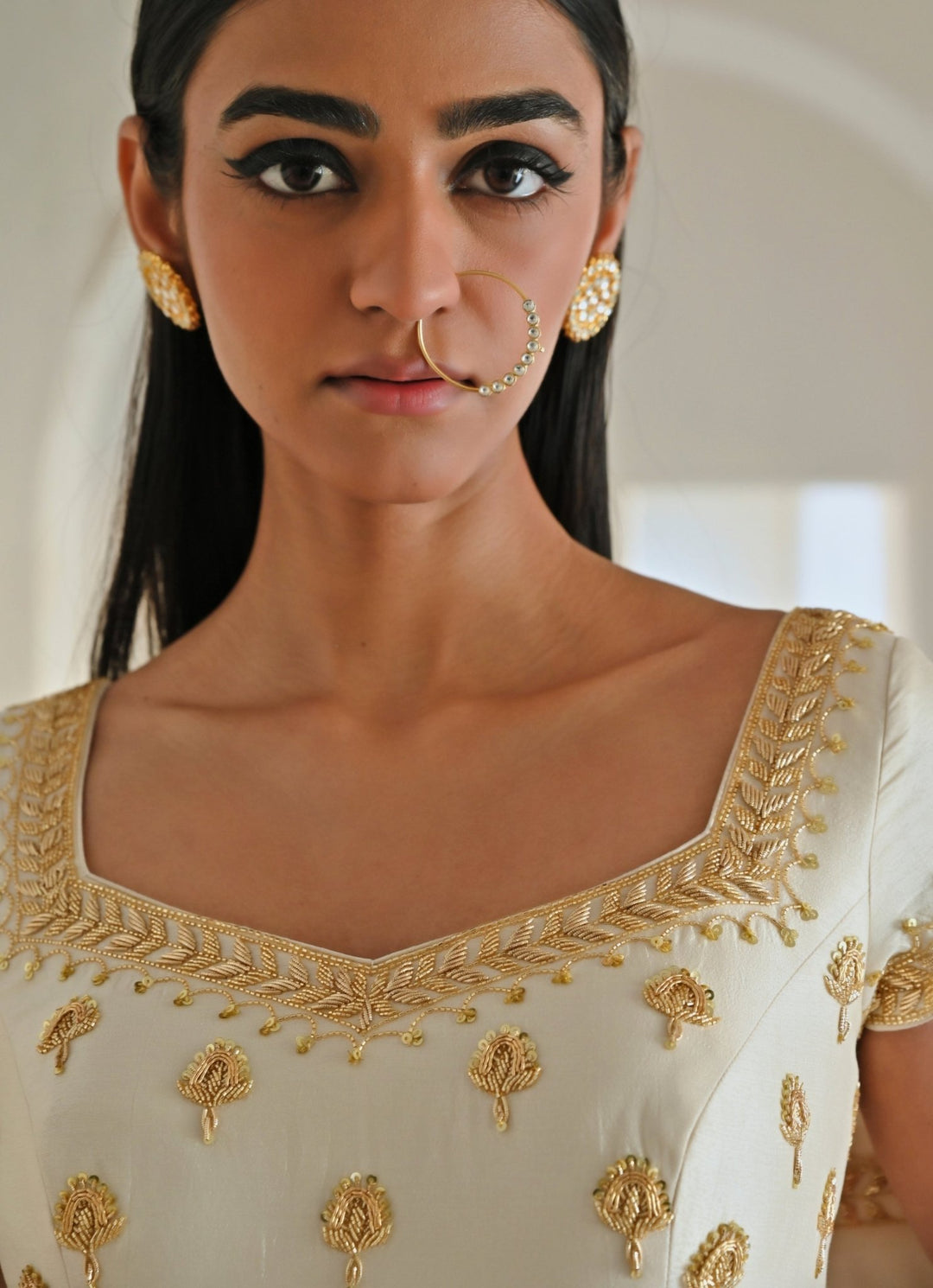 Ivory Silk Floral Embroidered Anarkali With Dupatta Ease - Fabilicious Fashion