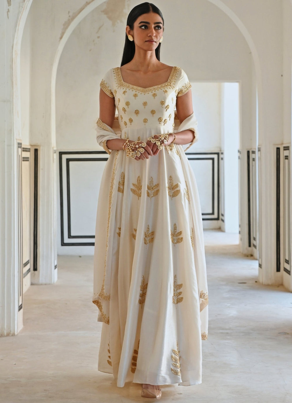 Ivory Silk Floral Embroidered Anarkali With Dupatta Ease - Fabilicious Fashion