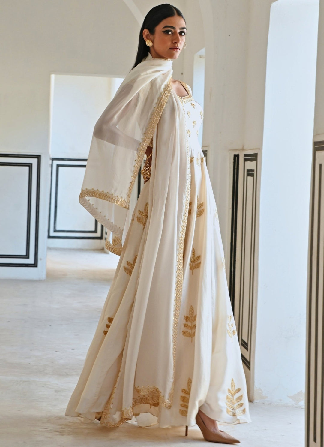 Ivory Silk Floral Embroidered Anarkali With Dupatta Ease - Fabilicious Fashion