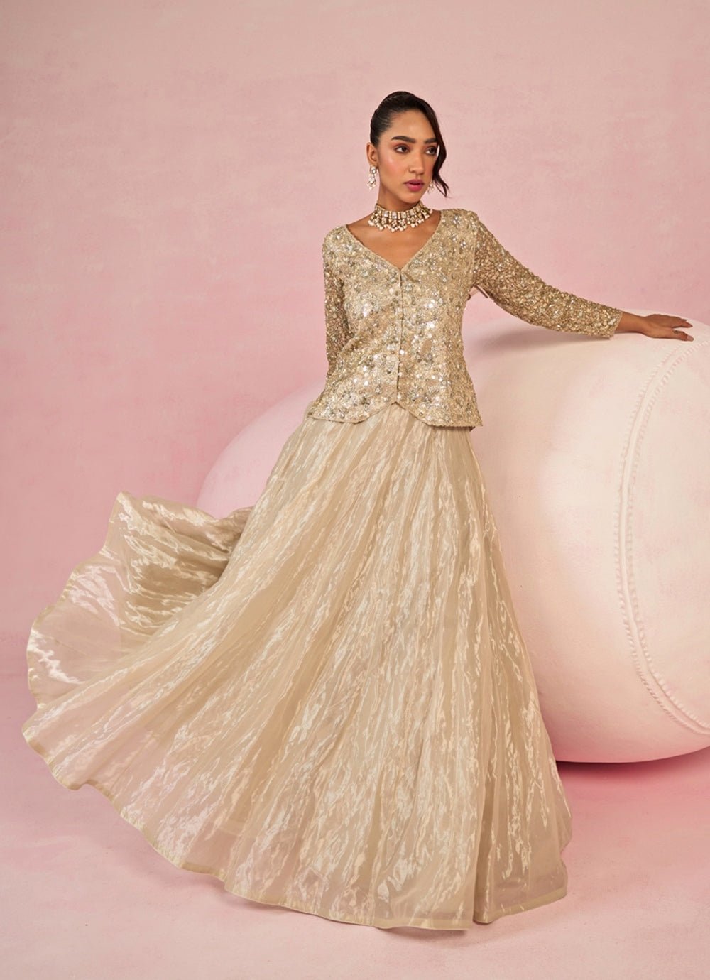 Ivory Silk Jacket Sharara Set Prevasu - Fabilicious Fashion