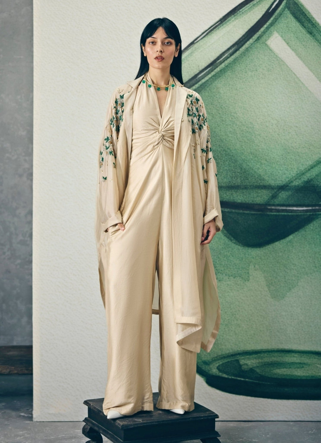 Ivory Silk Jumpsuit With Jacket Paulmi and Harsh X Ease - Fabilicious Fashion